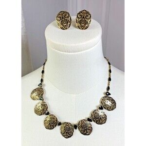 Vintage Siam Niello Enamel Necklace & Earring Set Black Gold Thai Dancer Jewelry